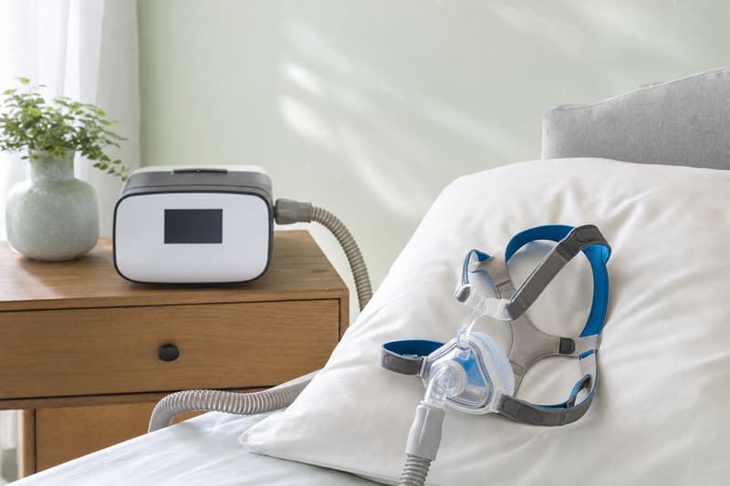 Máscara nasal de CPAP sobre o travesseiro, com a mangueira ligada ao aparelho no criado-mudo