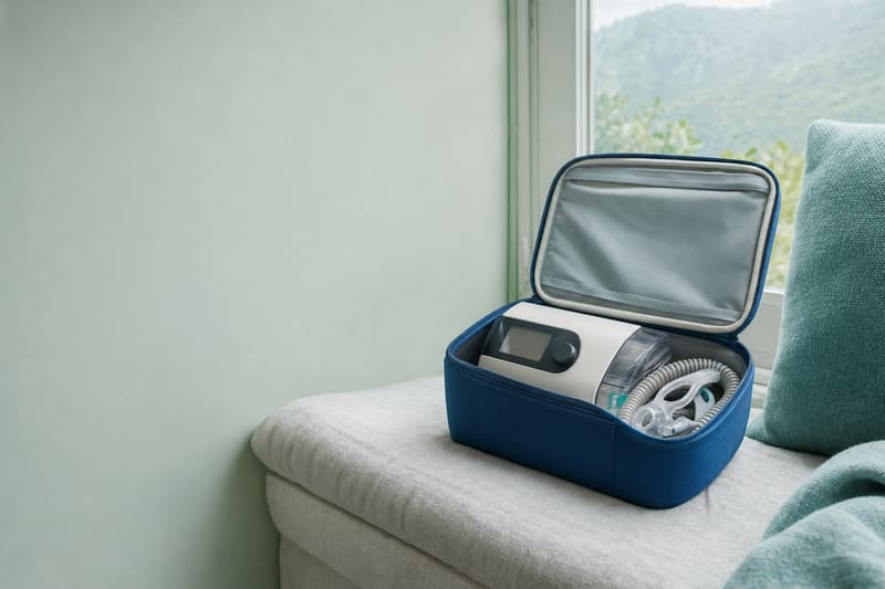 Aparelho de CPAP dentro de uma bolsa de viagem aberta, com a mangueira e a máscara, perto de uma janela com montanhas ao fundo