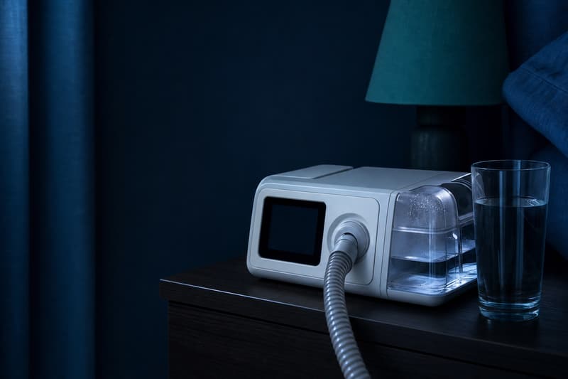 Aparelho de CPAP com umidificador de água acoplado, ao lado de um copo de água no criado-mudo