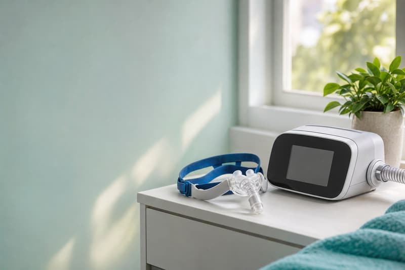 Aparelho de CPAP e máscara nasal sobre um criado-mudo branco perto da janela, com uma planta