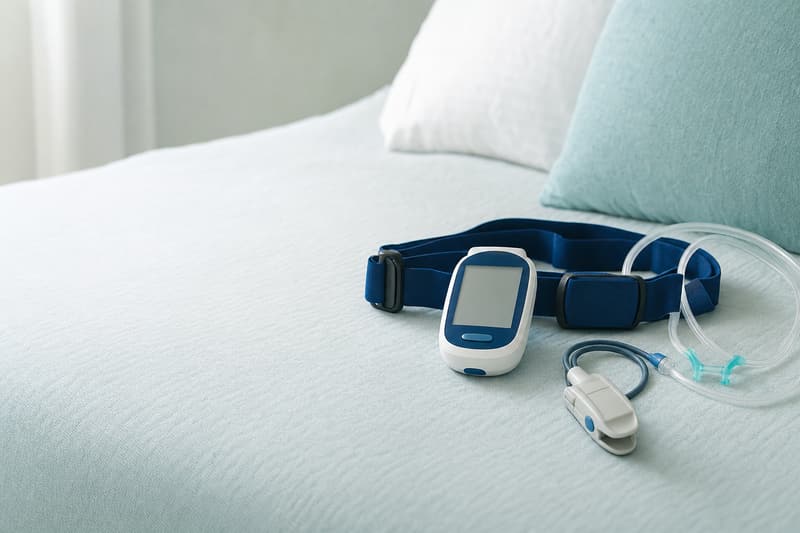 Kit do exame do sono em casa sobre a cama: gravador portátil, cinta de tórax, cânula nasal e sensor de dedo