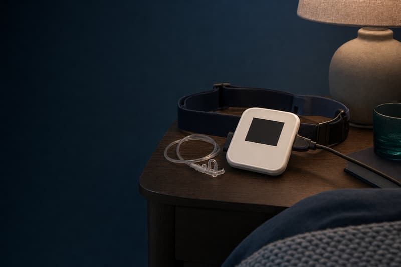 Kit do exame do sono em casa sobre o criado-mudo, à noite, com o gravador, a cinta e a cânula nasal